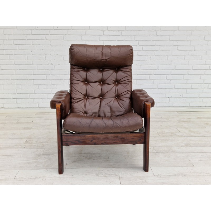 Scandinavian vintage adjustable armchair in brown leather and oak wood, 1970s