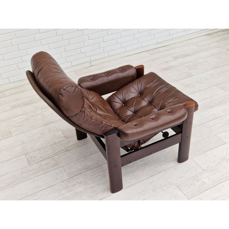 Scandinavian vintage adjustable armchair in brown leather and oak wood, 1970s