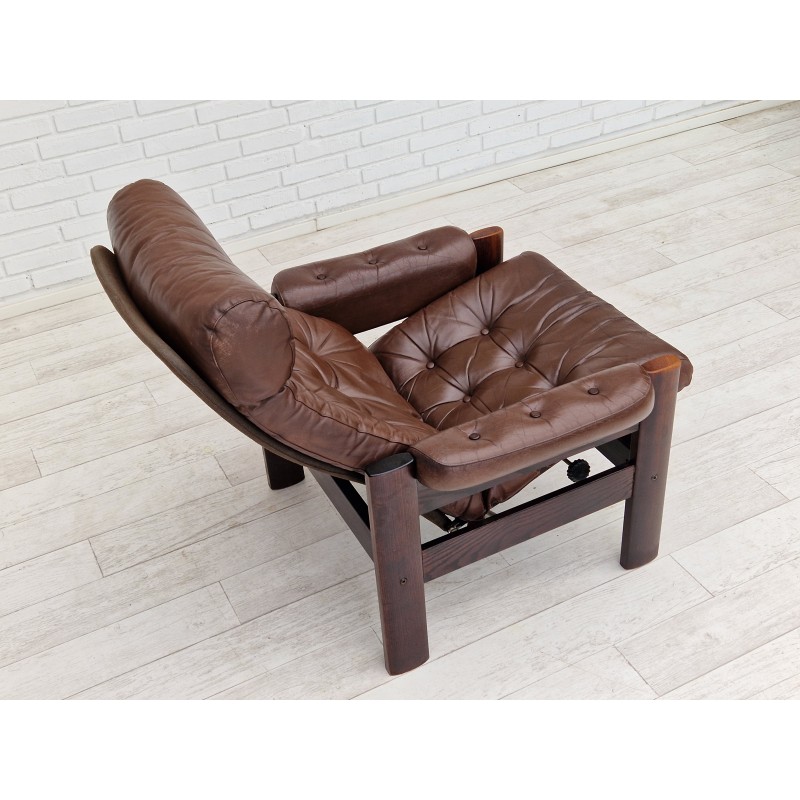 Scandinavische vintage verstelbare fauteuil in bruin leer en eikenhout, 1970