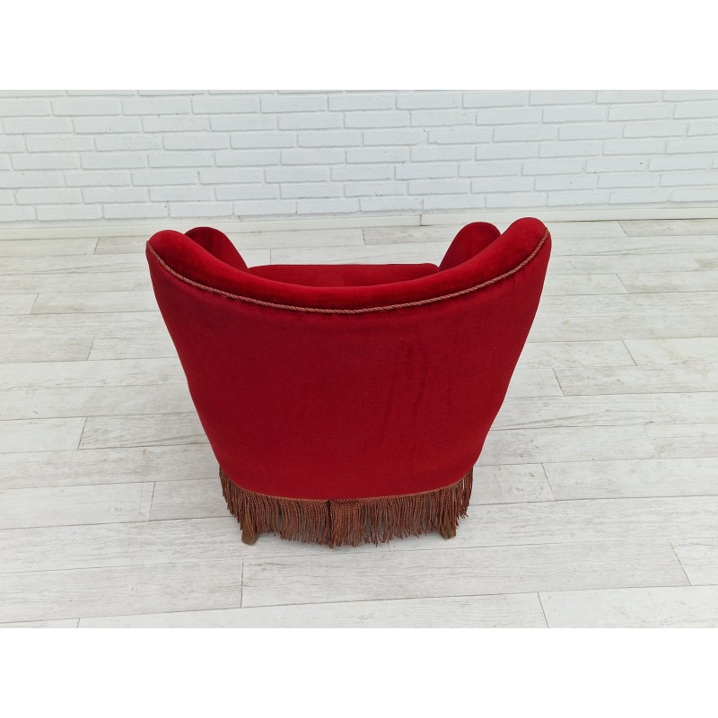 Cadeira de braços dinamarquesa vintage em vermelho cereja e veludo, anos 60