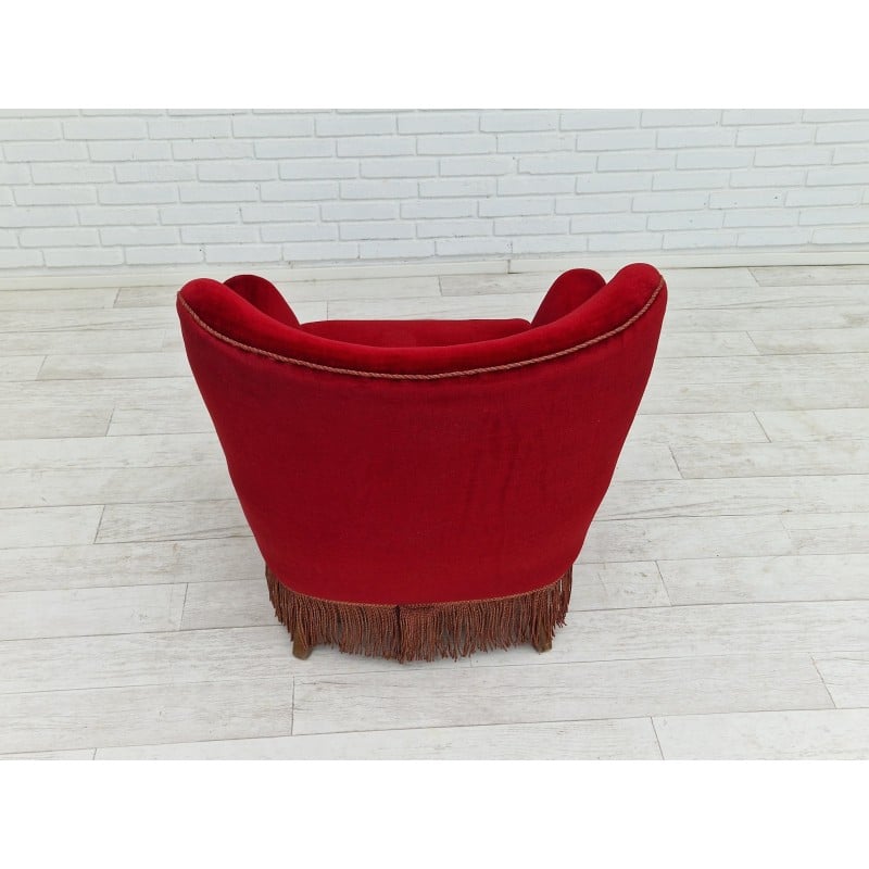 Danish vintage armchair in cherry-red and velvet, 1960s
