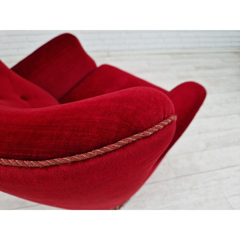 Danish vintage armchair in cherry-red and velvet, 1960s