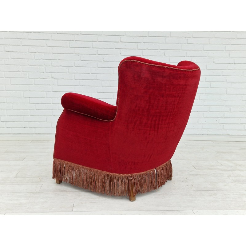 Danish vintage armchair in cherry-red and velvet, 1960s