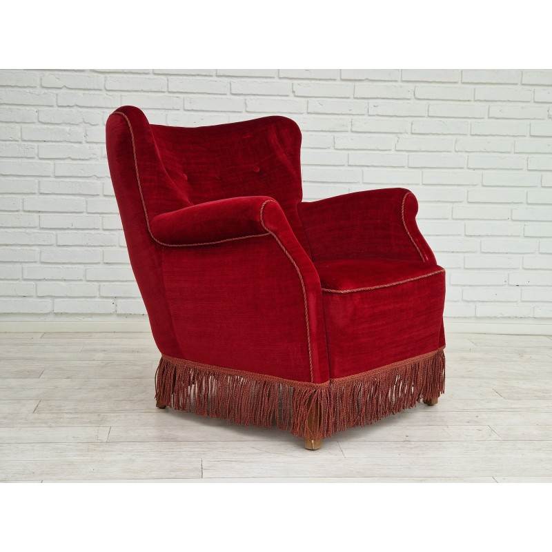 Danish vintage armchair in cherry-red and velvet, 1960s