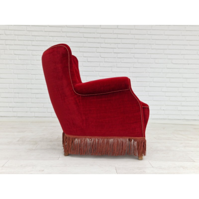 Deense vintage fauteuil in kersenrood en fluweel, jaren 1960