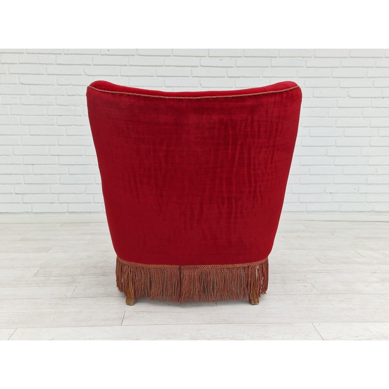 Danish vintage armchair in cherry-red and velvet, 1960s