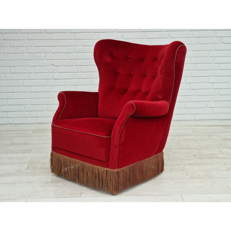 Danish high back vintage armchair in cherry and velvet, 1960s