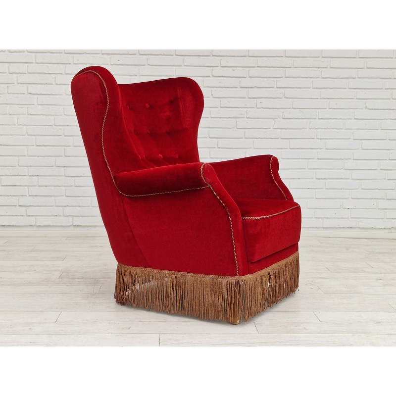 Fauteuil vintage danois à haut dossier en cerisier et velours, 1960