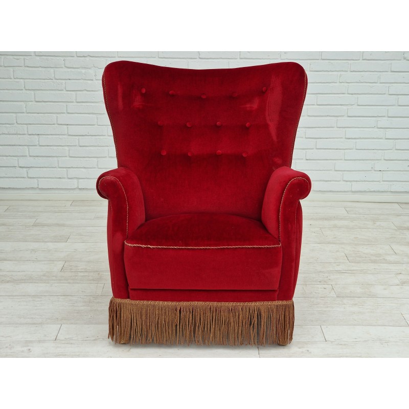 Deense vintage fauteuil met hoge rug in kersenhout en fluweel, jaren 1960