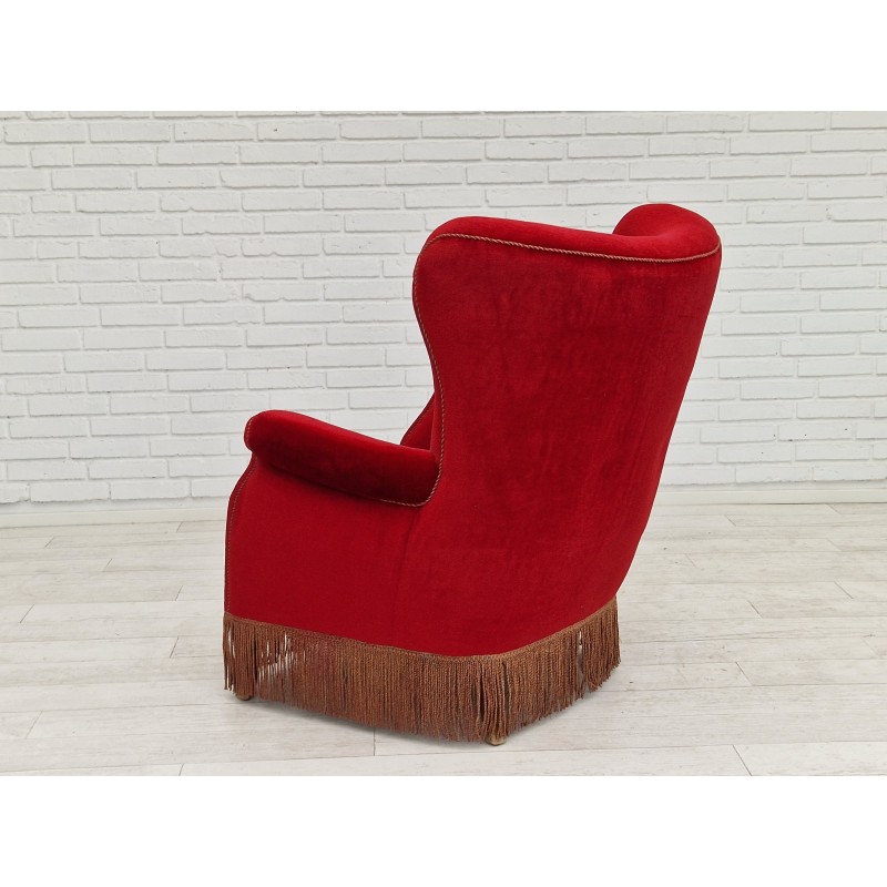 Deense vintage fauteuil met hoge rug in kersenhout en fluweel, jaren 1960