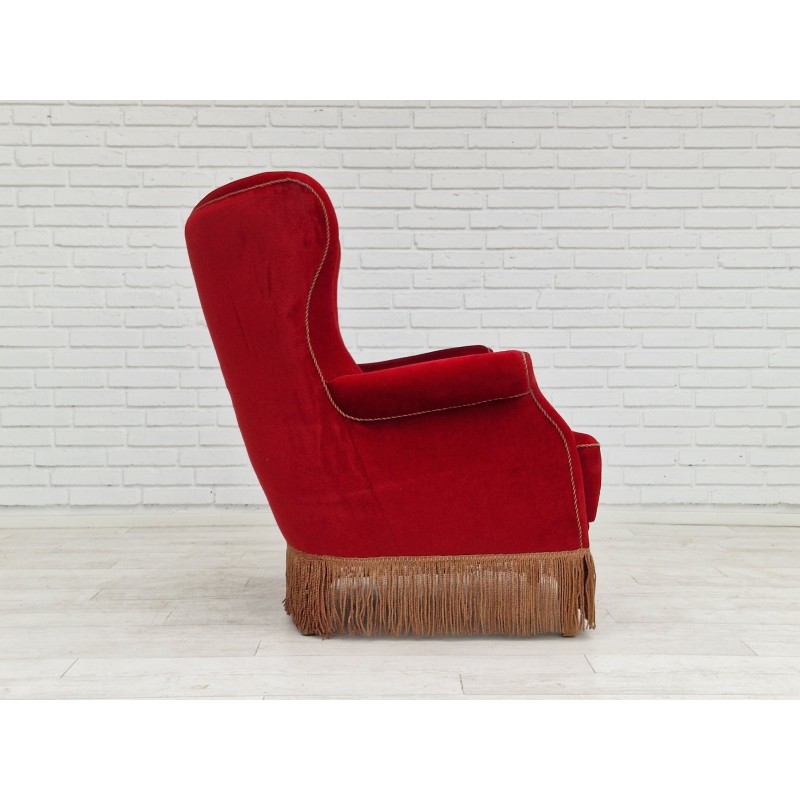 Deense vintage fauteuil met hoge rug in kersenhout en fluweel, jaren 1960