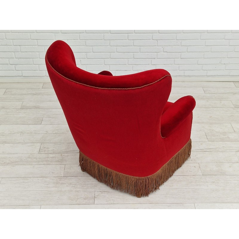 Danish high back vintage armchair in cherry and velvet, 1960s