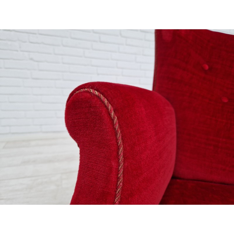 Danish high back vintage armchair in cherry and velvet, 1960s