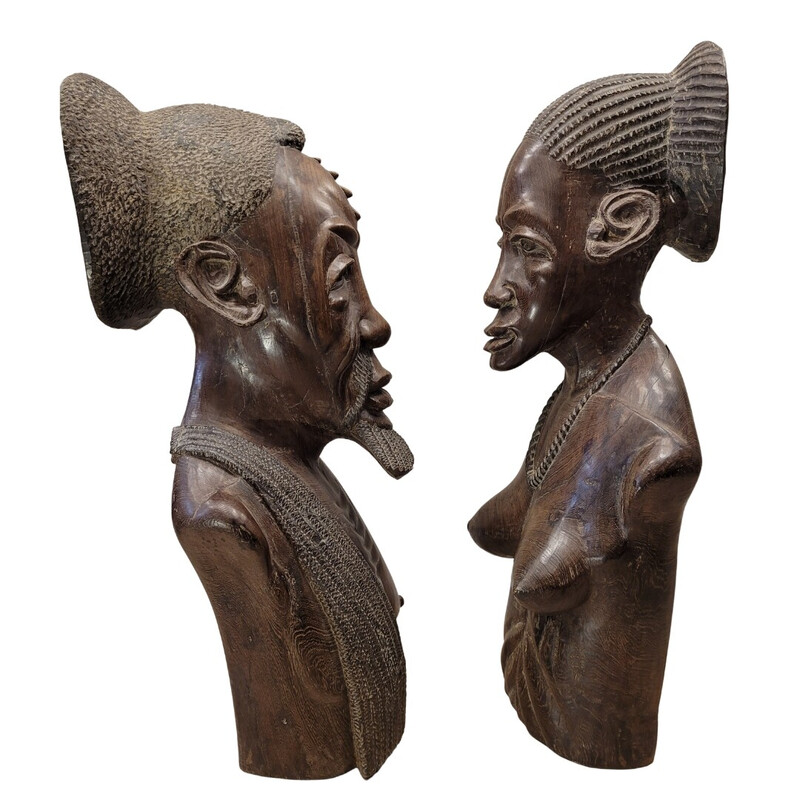 Escultura de casal Vintage em madeira de wenge, Região do Congo 1950