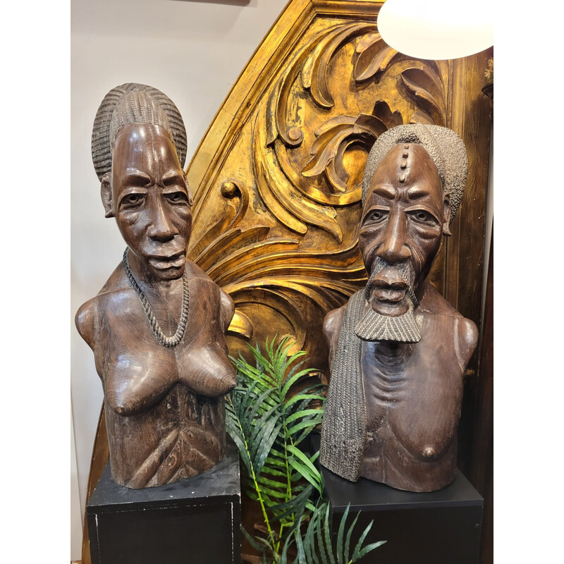 Escultura vintage de pareja en madera de wengé, Región del Congo años 50