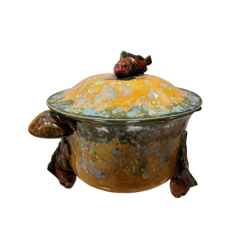 Vintage barbotine fish tureen "Bl Le Bruse", France 1960s