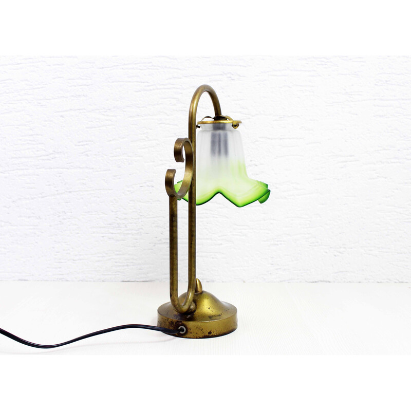 Vintage zwanenhalslamp van messing en glas