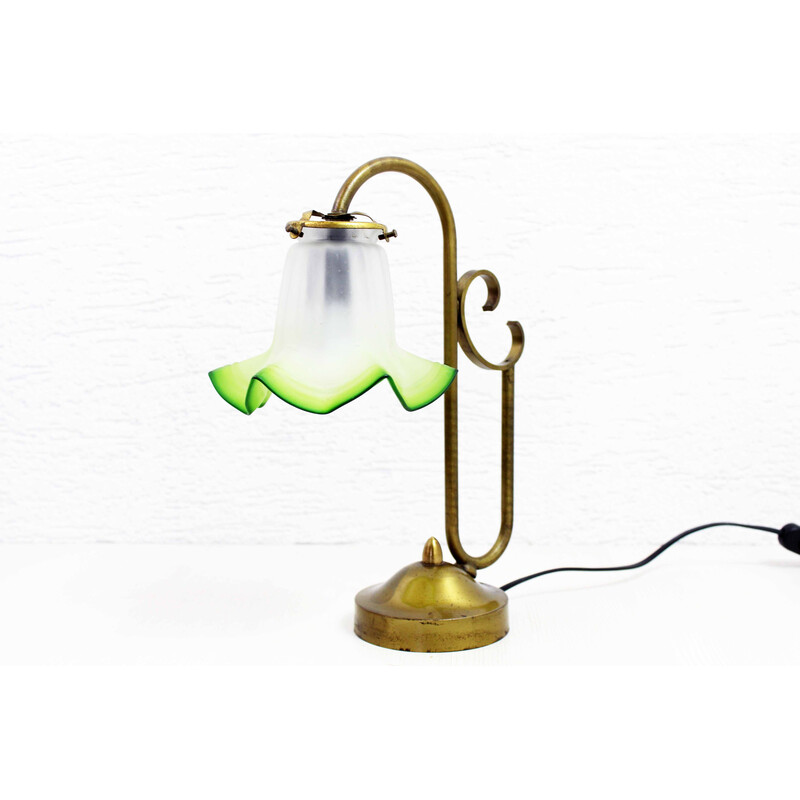 Vintage zwanenhalslamp van messing en glas