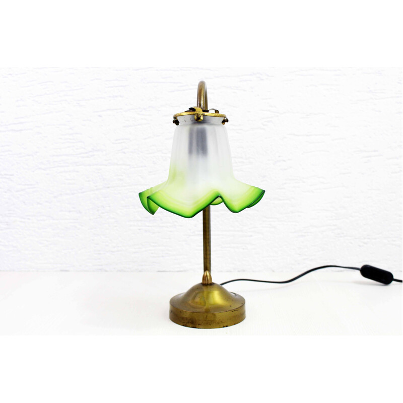 Vintage zwanenhalslamp van messing en glas