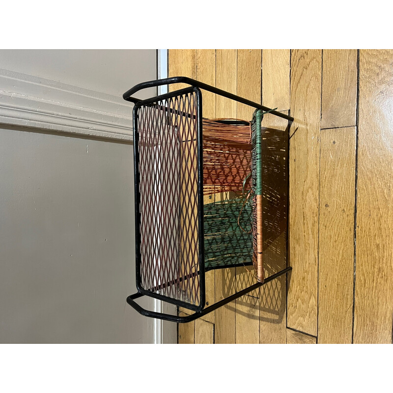 Vintage magazine rack in openwork metal and rafla, 1950