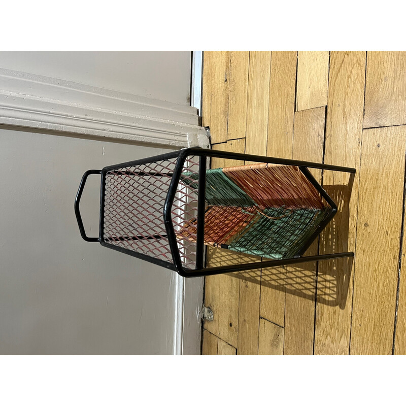 Vintage magazine rack in openwork metal and rafla, 1950