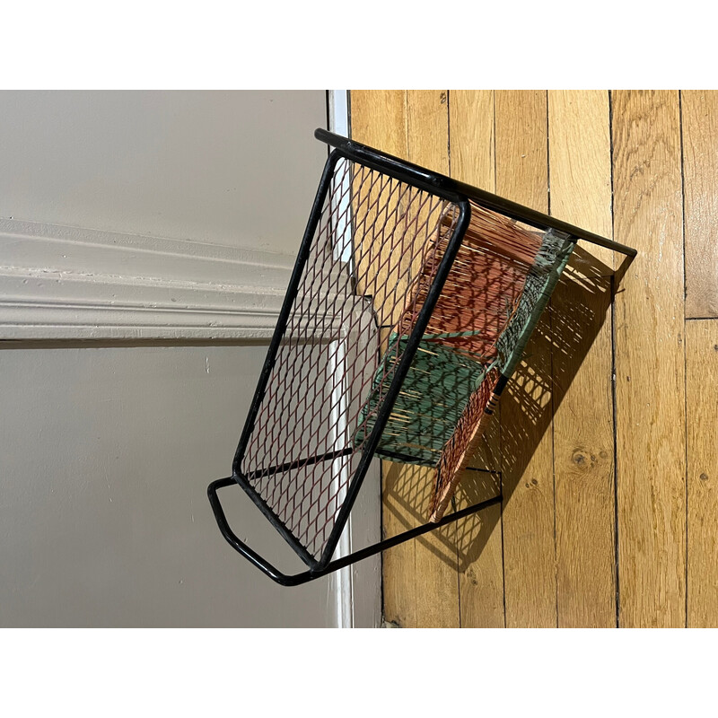 Vintage magazine rack in openwork metal and rafla, 1950