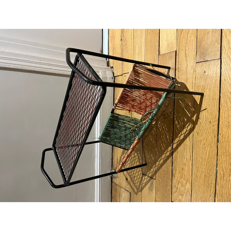 Vintage magazine rack in openwork metal and rafla, 1950