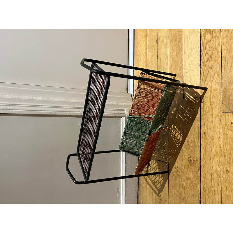 Vintage magazine rack in openwork metal and rafla, 1950