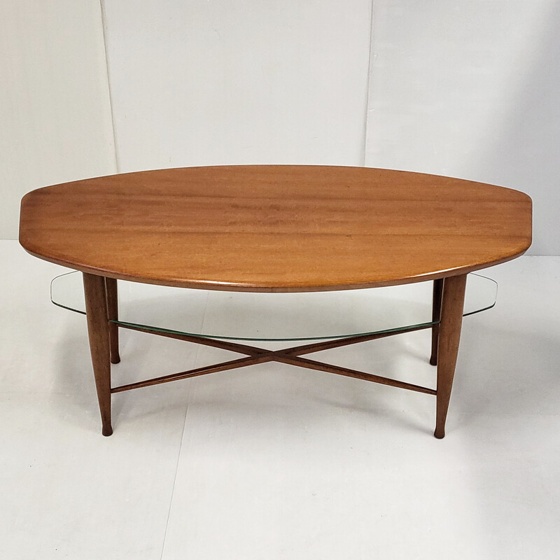 Mesa de centro vintage escandinava de teca y cristal, 1960