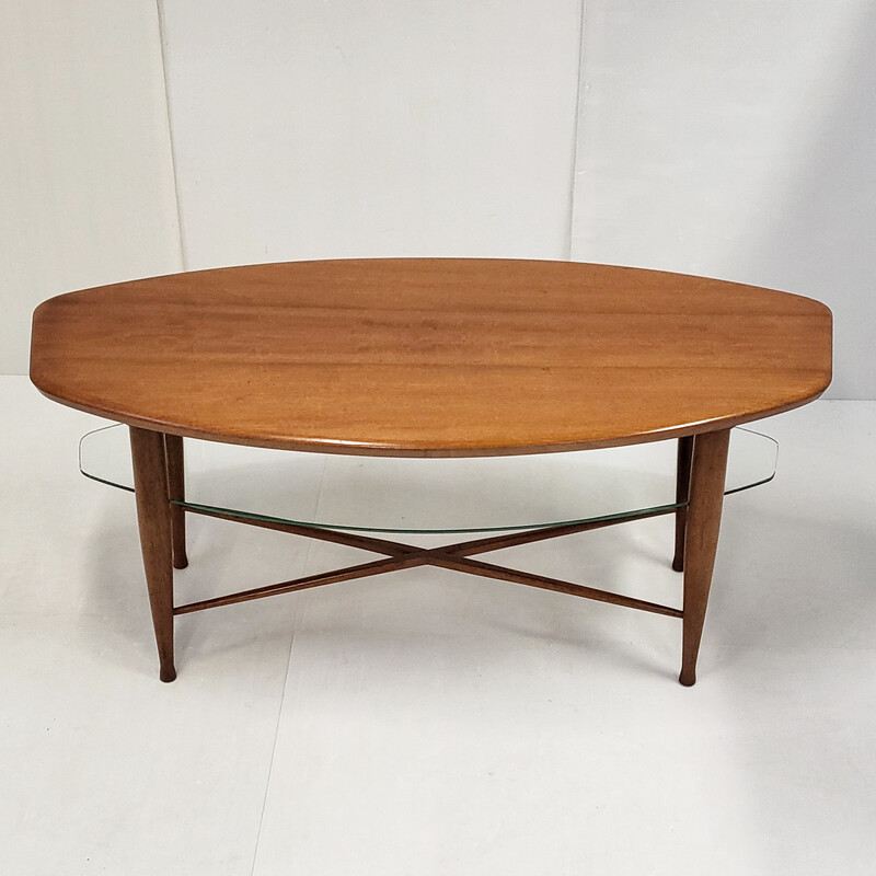 Scandinavian vintage teak and glass coffee table, 1960