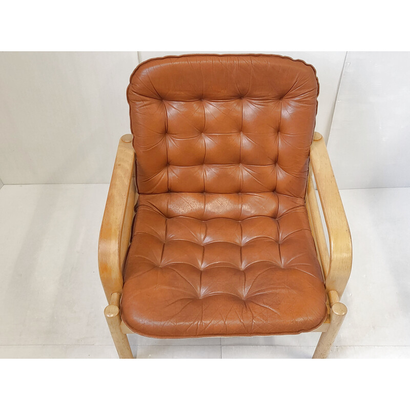 Scandinavian vintage armchair in leather and beechwood, 1960