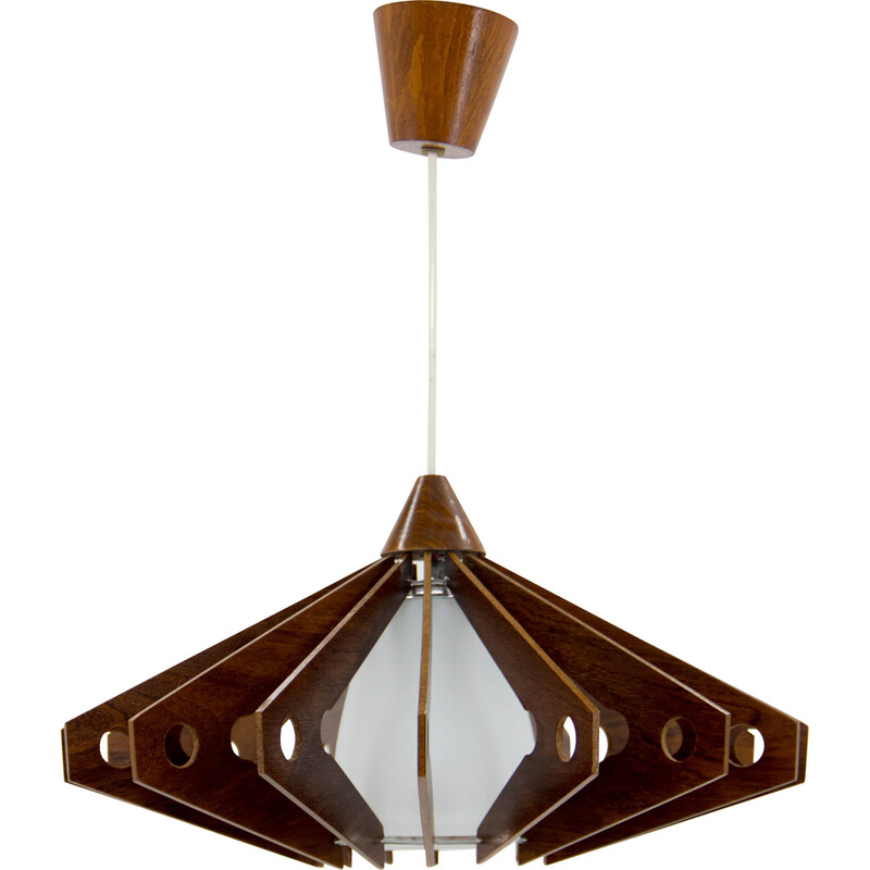 Vintage plywood and glass chandelier by Drevo Humpolec, 1960