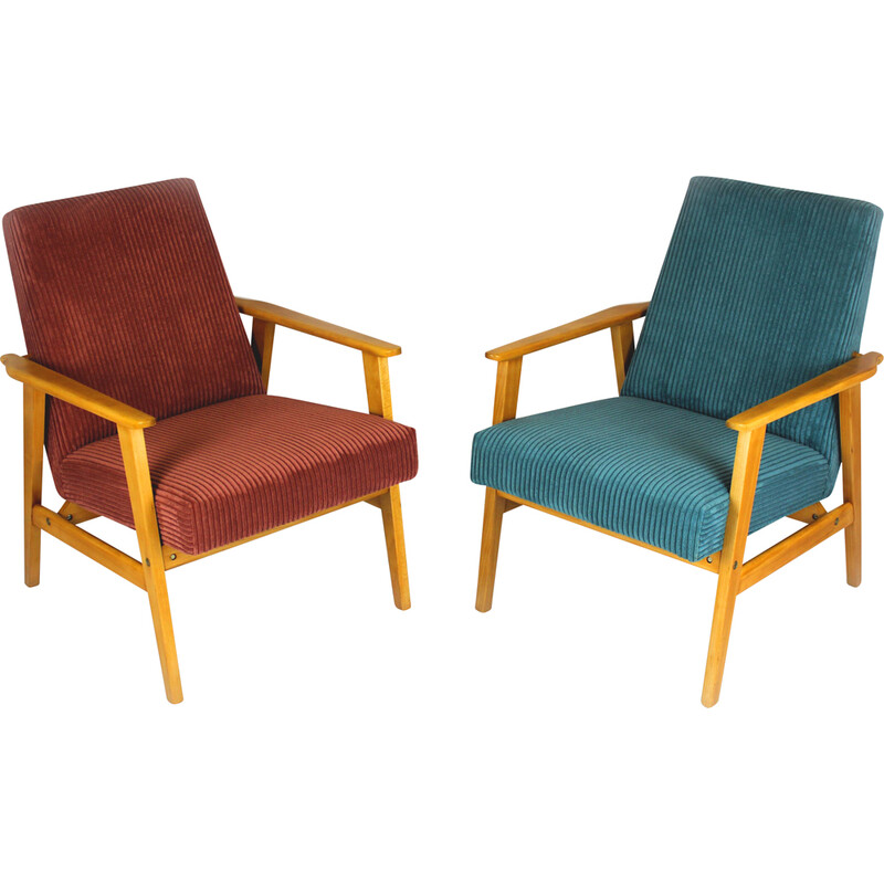 Pair of mid-century pink and turquoise beechwood armchairs, 1960s