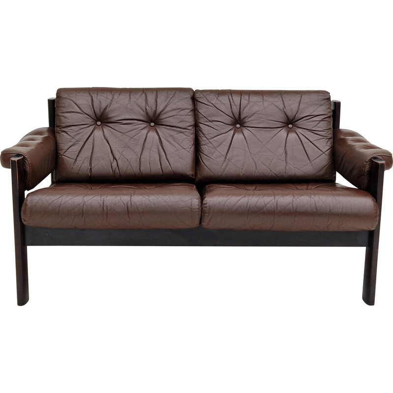 Scandinavian vintage 2-seater sofa in brown leather, 1970s