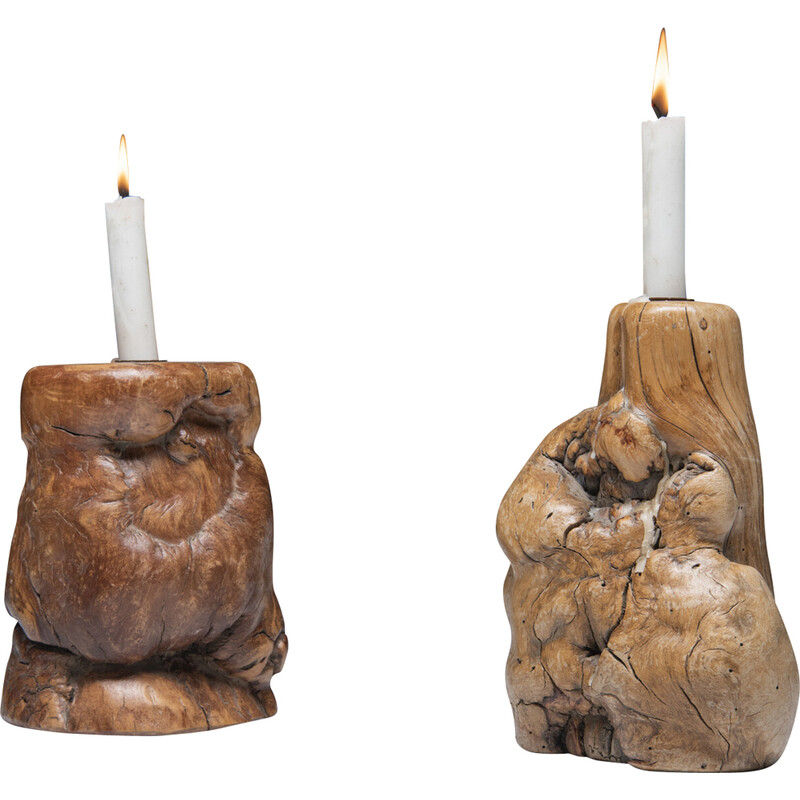 Pair of vintage burr wood candlesticks, 1960-1970