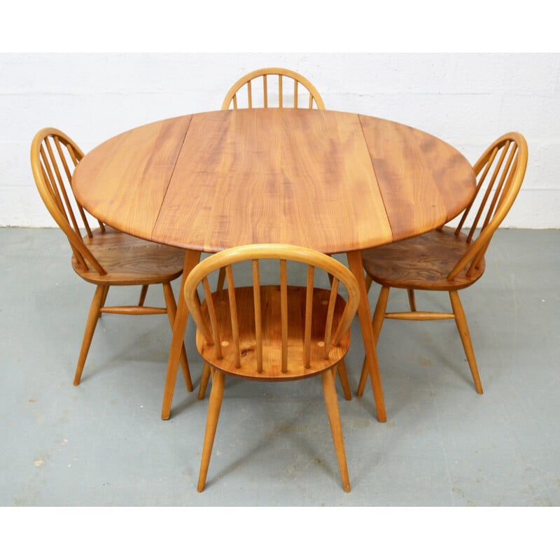 Mid century set of 1 dining table  and 4 chairs in elm produced by Ercol - 1960s