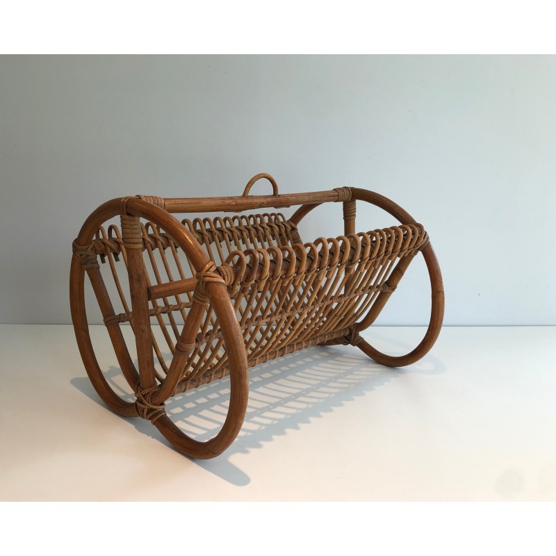 Vintage magazine rack in rattan, 1950