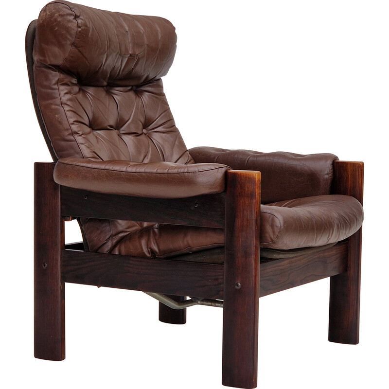 Skandinavischer verstellbarer Vintage-Sessel aus braunem Leder und Eichenholz, 1970er Jahre
