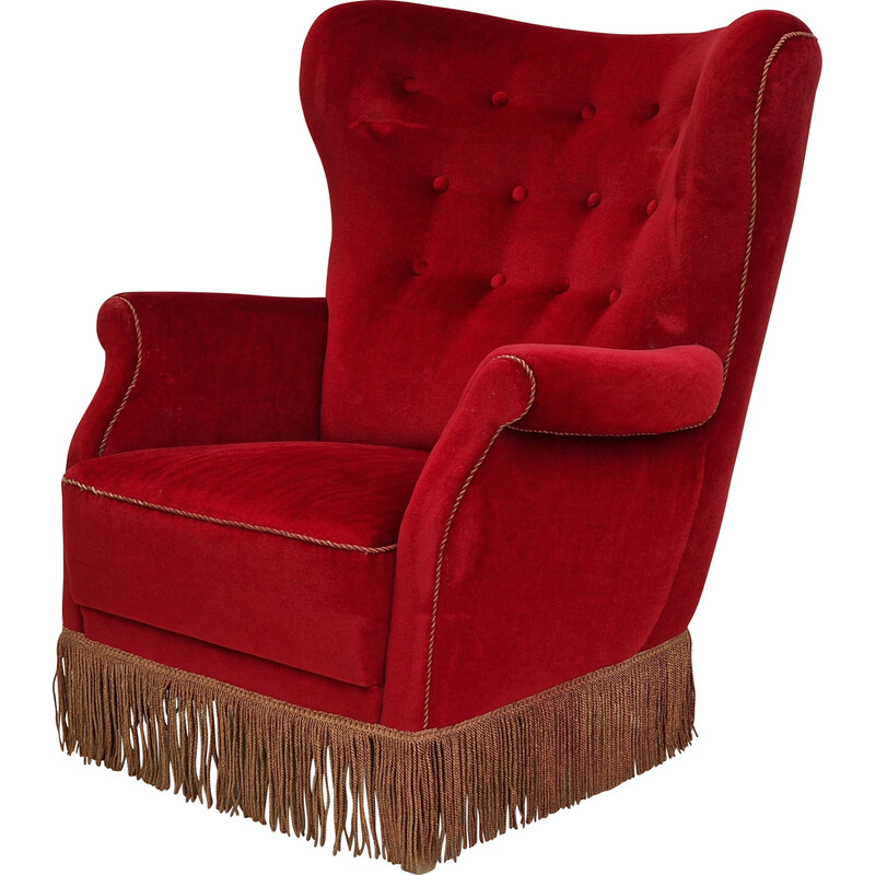 Danish high back vintage armchair in cherry and velvet, 1960s