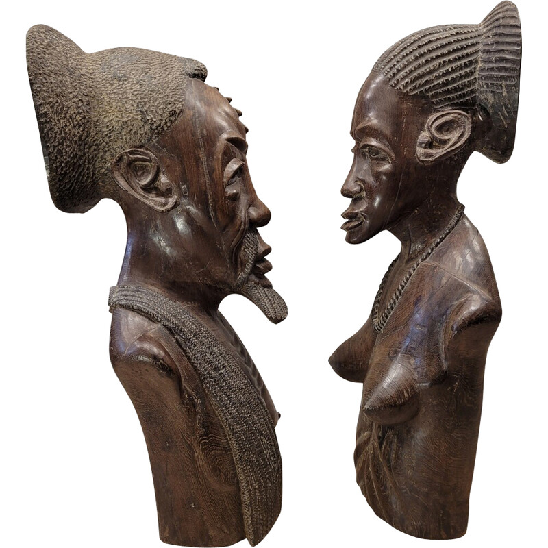 Escultura vintage de pareja en madera de wengé, Región del Congo años 50
