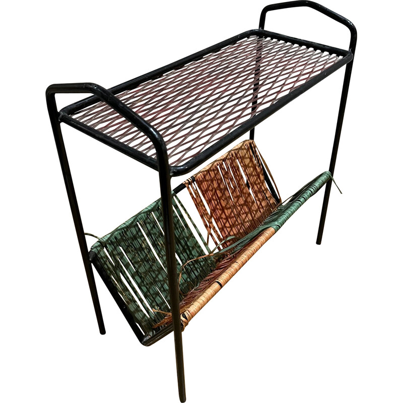 Vintage magazine rack in openwork metal and rafla, 1950