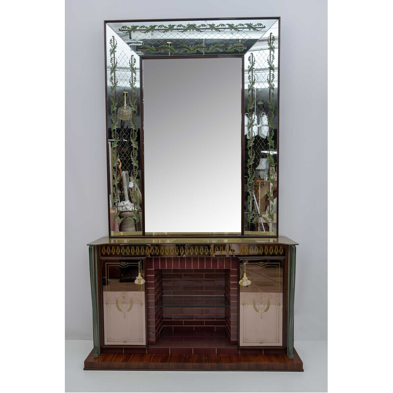 Mueble bar italiano de mediados de siglo con espejo decorado de Luigi Brusotti, años 40