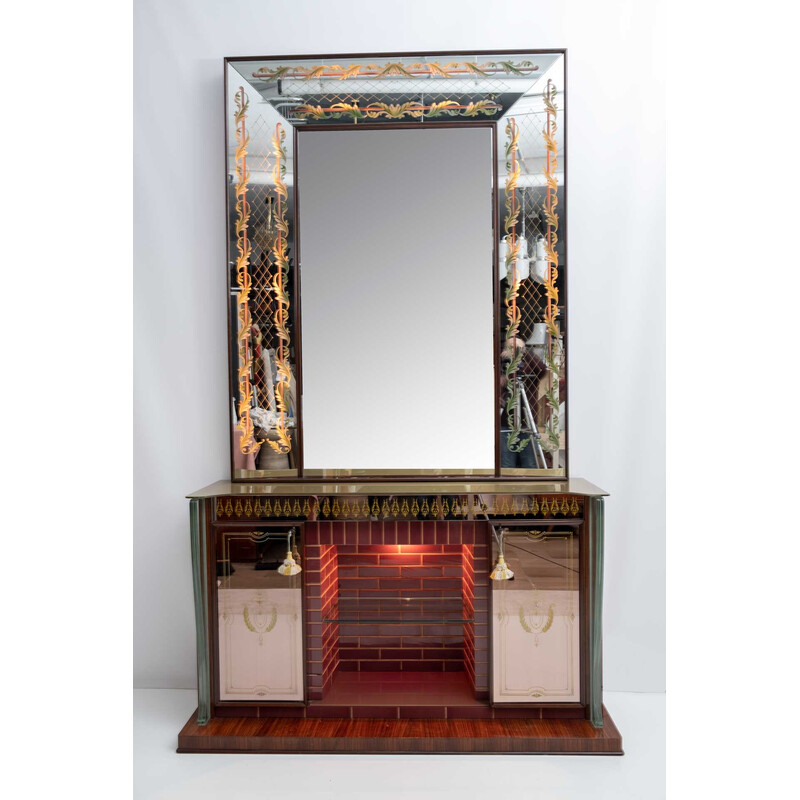 Mid-century Italian bar cabinet with decorated mirror by Luigi Brusotti, 1940s