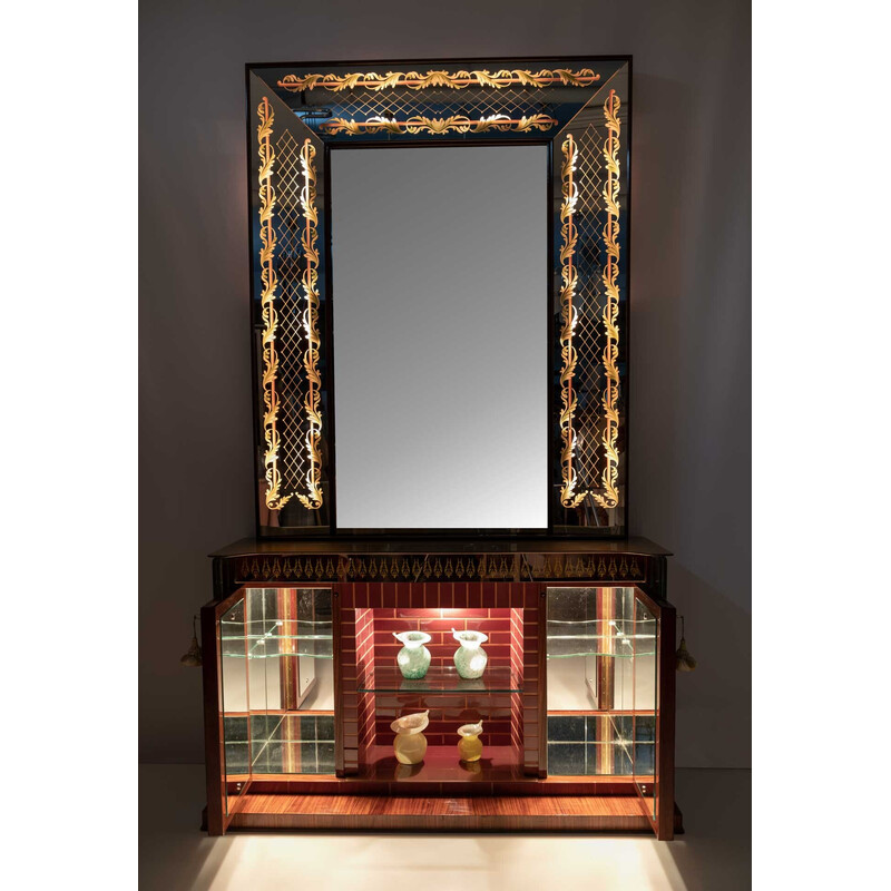 Mid-century Italian bar cabinet with decorated mirror by Luigi Brusotti, 1940s