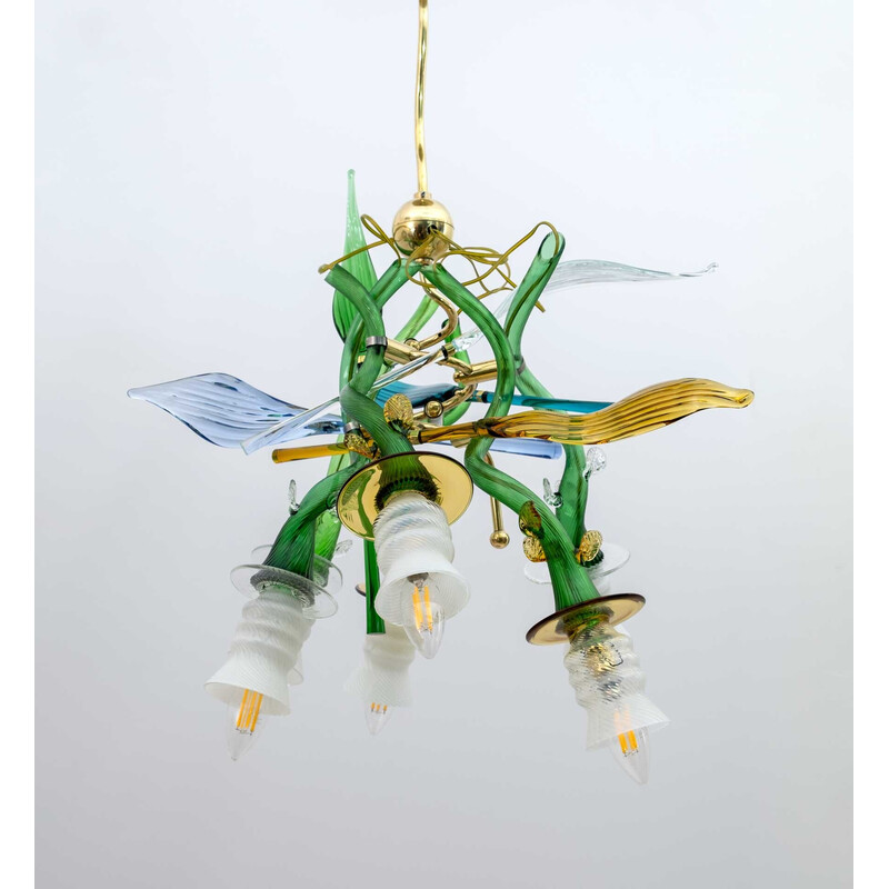 Vintage Borek Sipek crystal curved and brass chandelier "Luigi I" by Driade, 1989