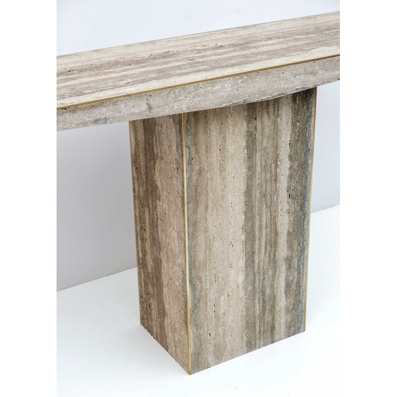 Mid century Italian travertine and brass inlay consoles