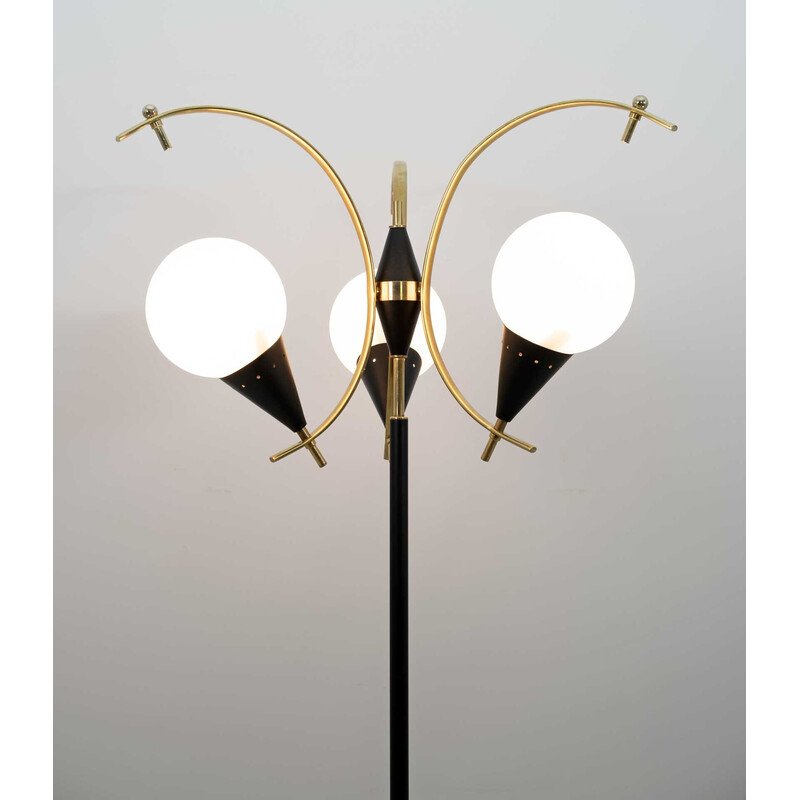 Stilnovo vintage Italian brass and opaline glass floor lamp, 1950s