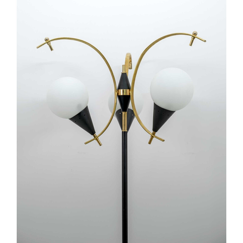 Stilnovo vintage Italian brass and opaline glass floor lamp, 1950s