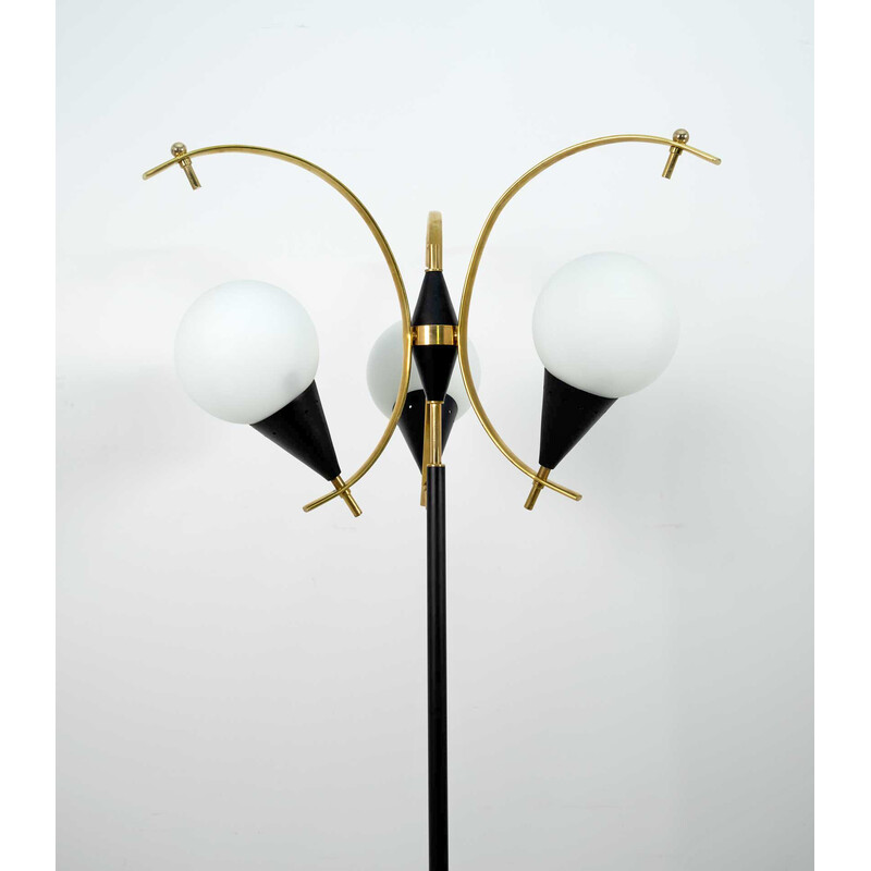 Stilnovo vintage Italian brass and opaline glass floor lamp, 1950s