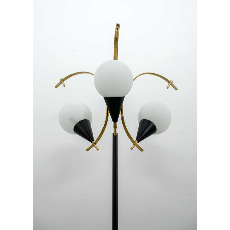 Stilnovo vintage Italian brass and opaline glass floor lamp, 1950s